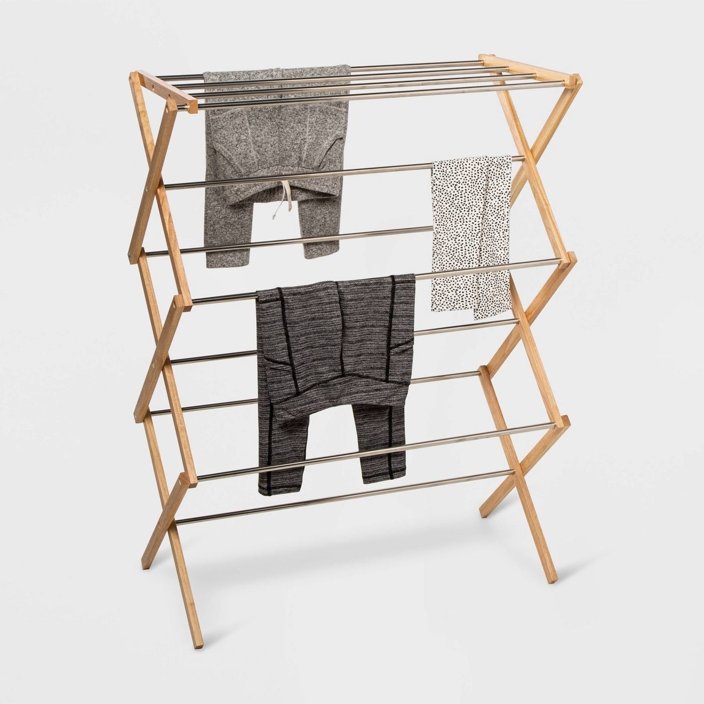 stainless steel laundry rack with rubber wood on the sides