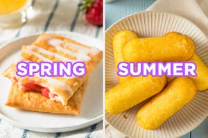 On the left, two Toaster Strudels on a plate labeled "spring," and on the right, a plate of Twinkies labeled "summer"
