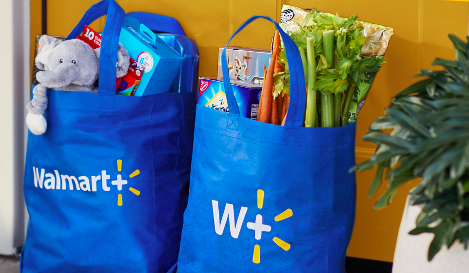 Walmart+ grocery bags on a doorstep 