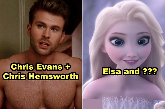 Side-by-side of Chris Evans + Chris Hemsworth morphed together, plus Elsa morphed with another Disney character