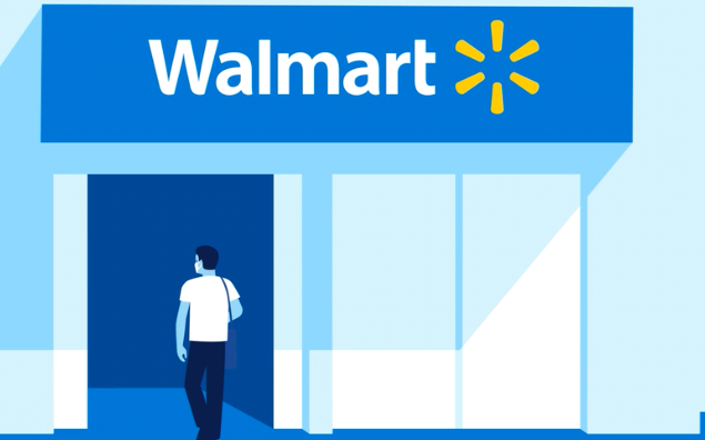 Walmart graphic of a person walking into a Walmart store 