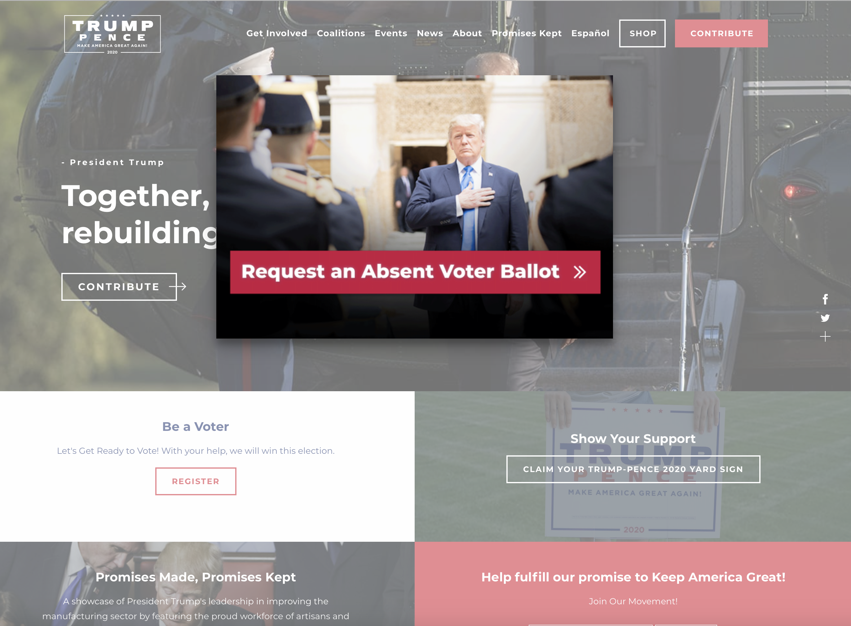 A screengrab of the Trump campaign website showing the president holding his hand over his heart with text below him reading, &quot;request an absent voter ballot&quot;