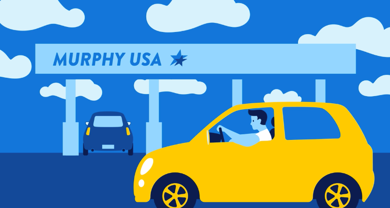 Walmart+ graphic of a driver pulling up to a Murphy USA gas station 