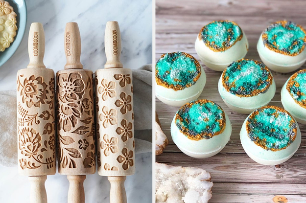 Embossed rolling pins and geode bath bombs