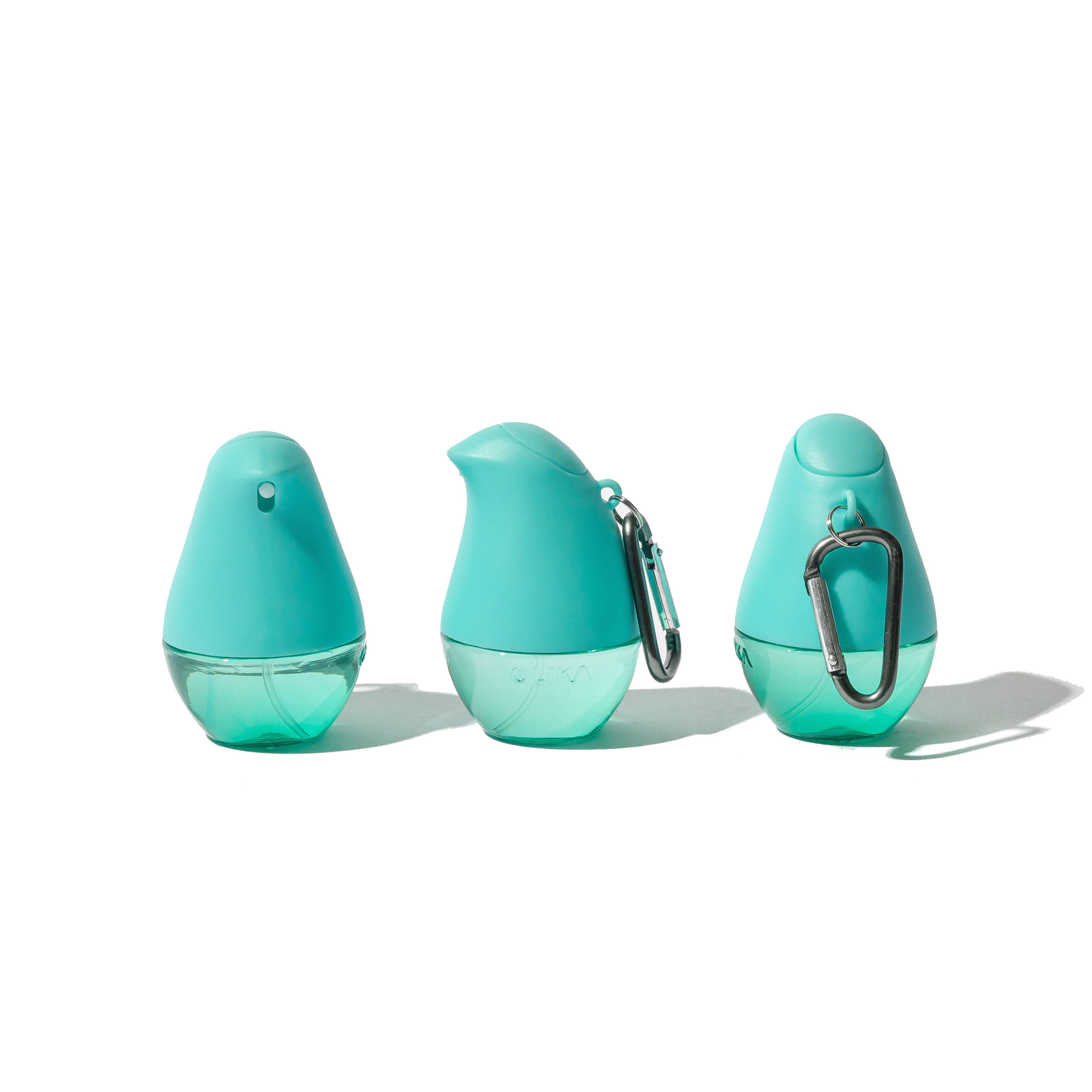 Three small hand sanitizer containers that look like birds in teal at different angles, showing what it looks like from all sides with a carabiner attached to each. 