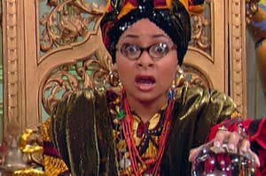 Raven from Disney's That's So Raven dressed as a fortune teller looking surprised