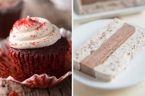 On the left, a red velvet cupcake, and on the right, a slice of ice cream cake