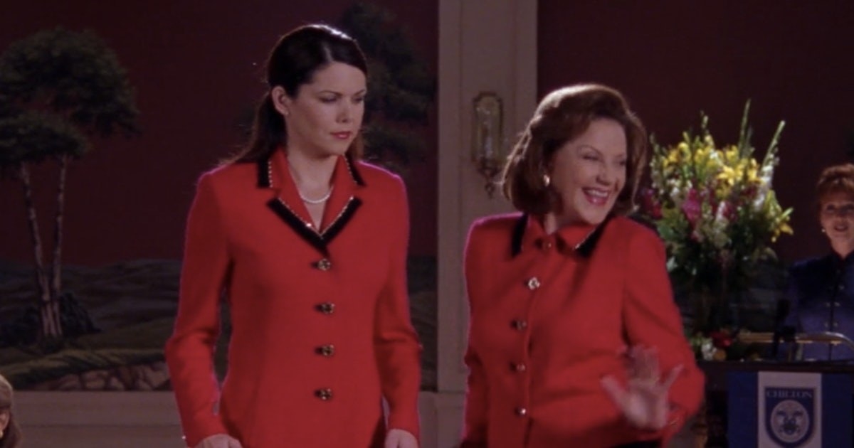 Lorelei and Emily in matching blazers during a mother-daughter fashion show in &quot;Gilmore Girls.&quot; 