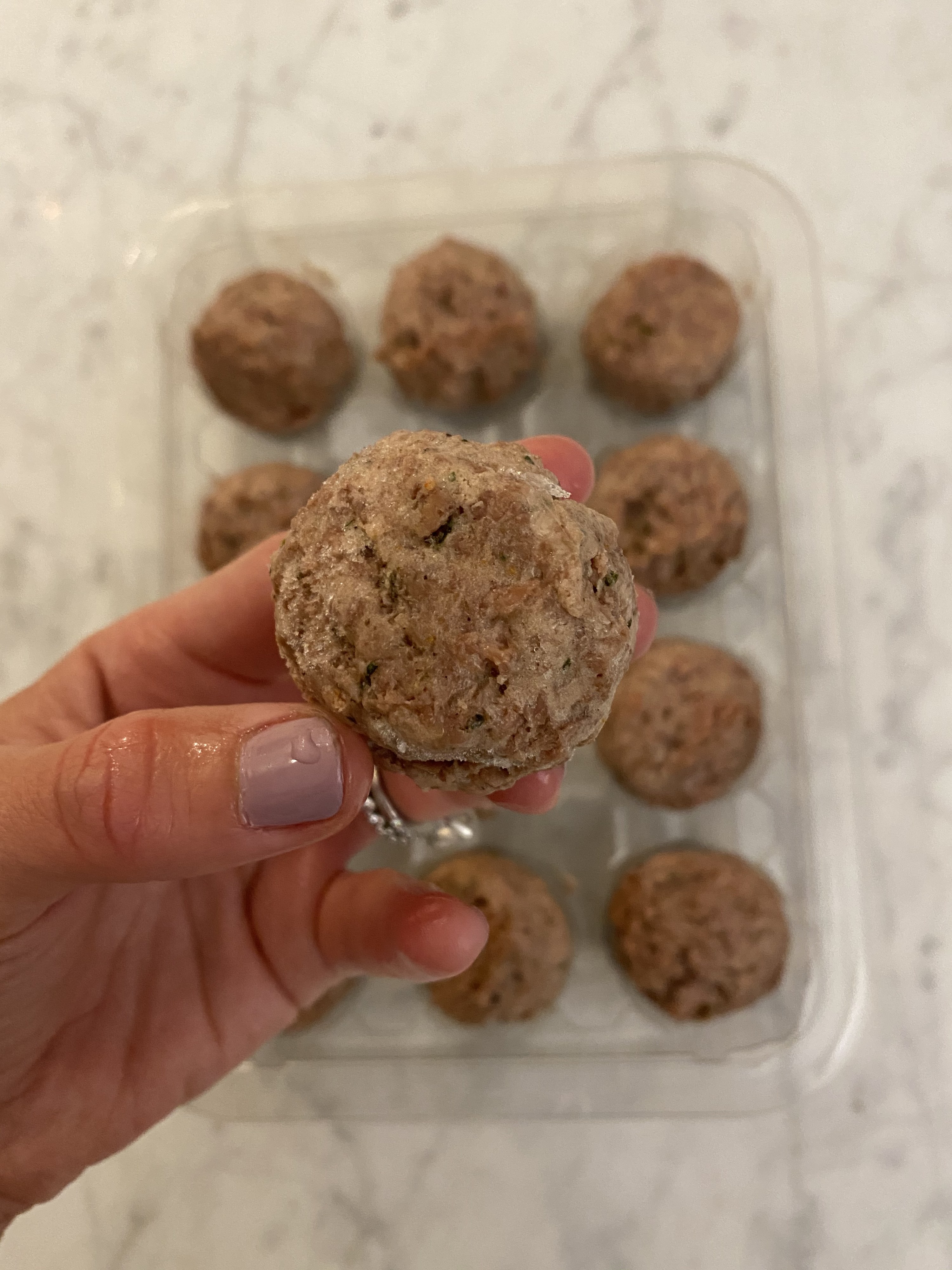 Me holding a Beyond Meat meatball above its packaging.