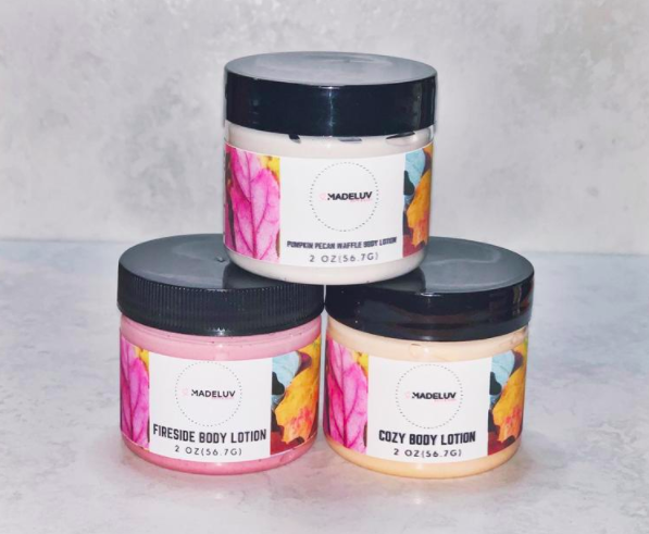 Madeluv body lotion trio containers with fireside, cozy, and pumpkin pecan waffle scents