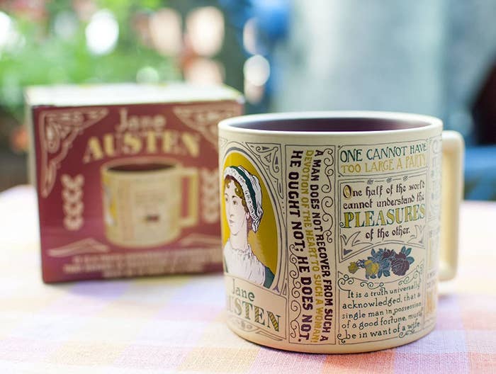 A mug with a picture of Jane Austen and quotes from her novels