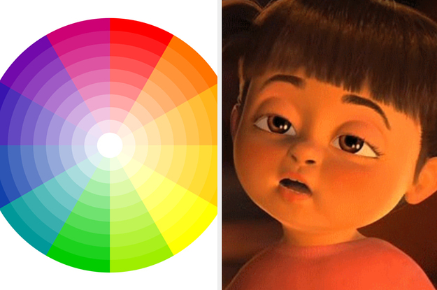 Boo looking confused in Monsters Inc. and a picture of the color wheel