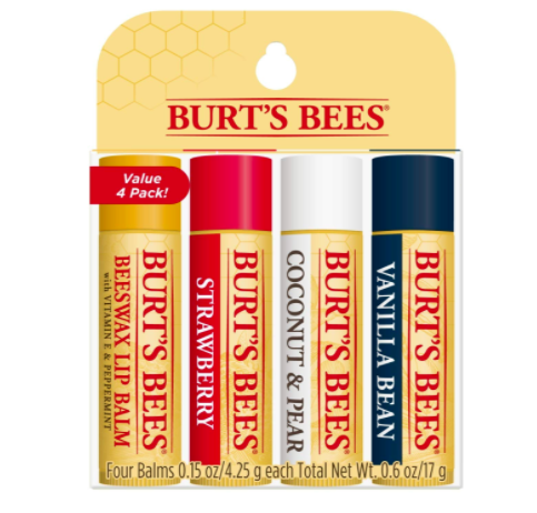 Burt&#x27;s Bees Lip Balm variety pack that includes Beeswax, Strawberry, Coconut &amp;amp; Pear, and Vanilla Bean flavors