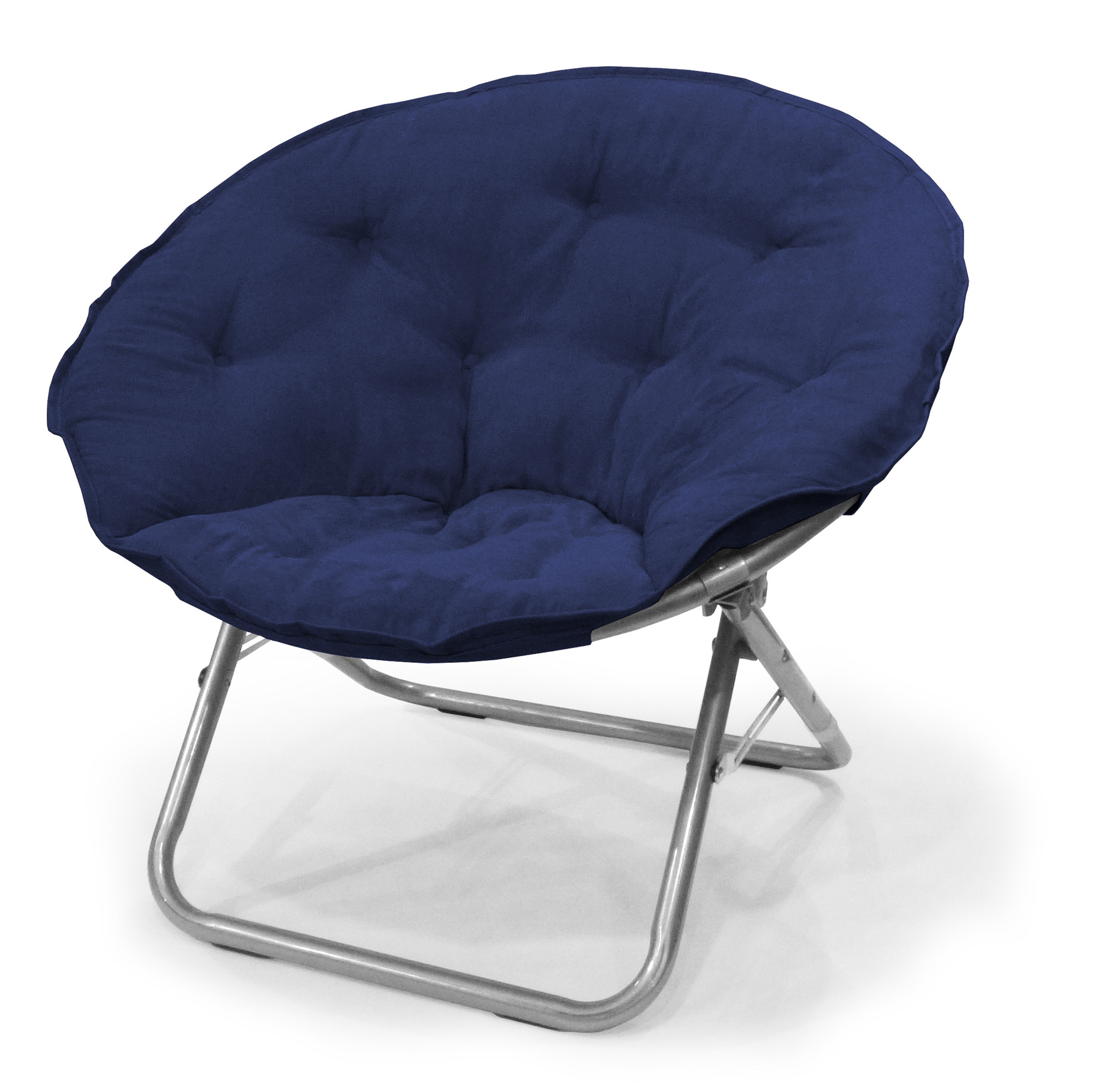 A navy blue microsuede saucer chair