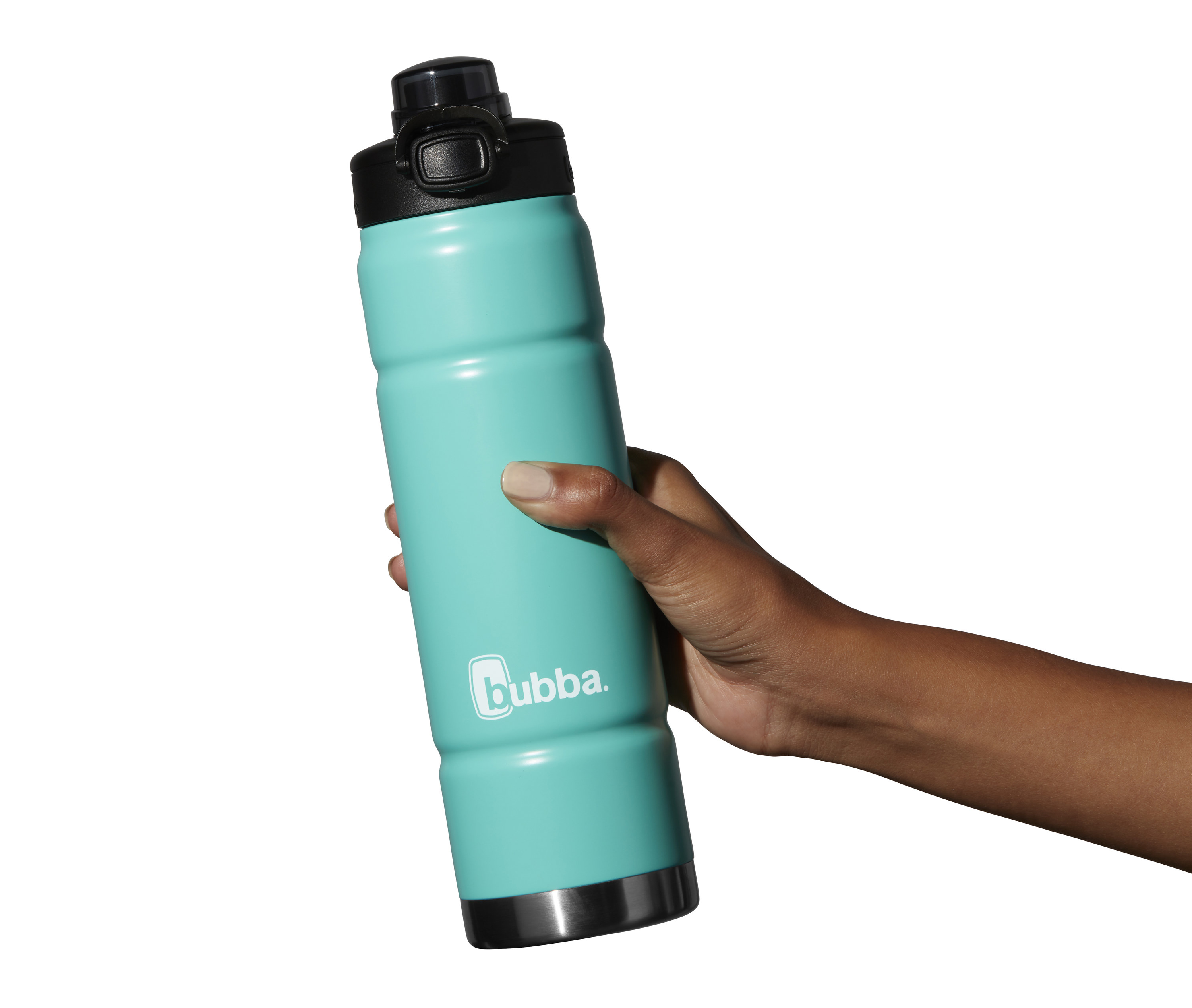 Model holding a teal bubba insulated stainless steel water bottle