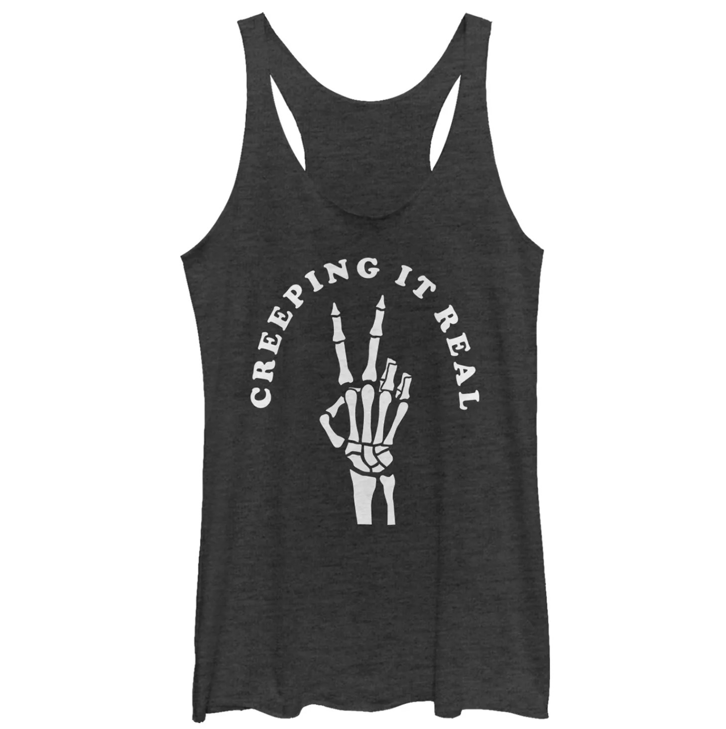 A black racerback tank top with a skeleton hand doing a peace sign and the words &quot;creeping it real&quot; above it