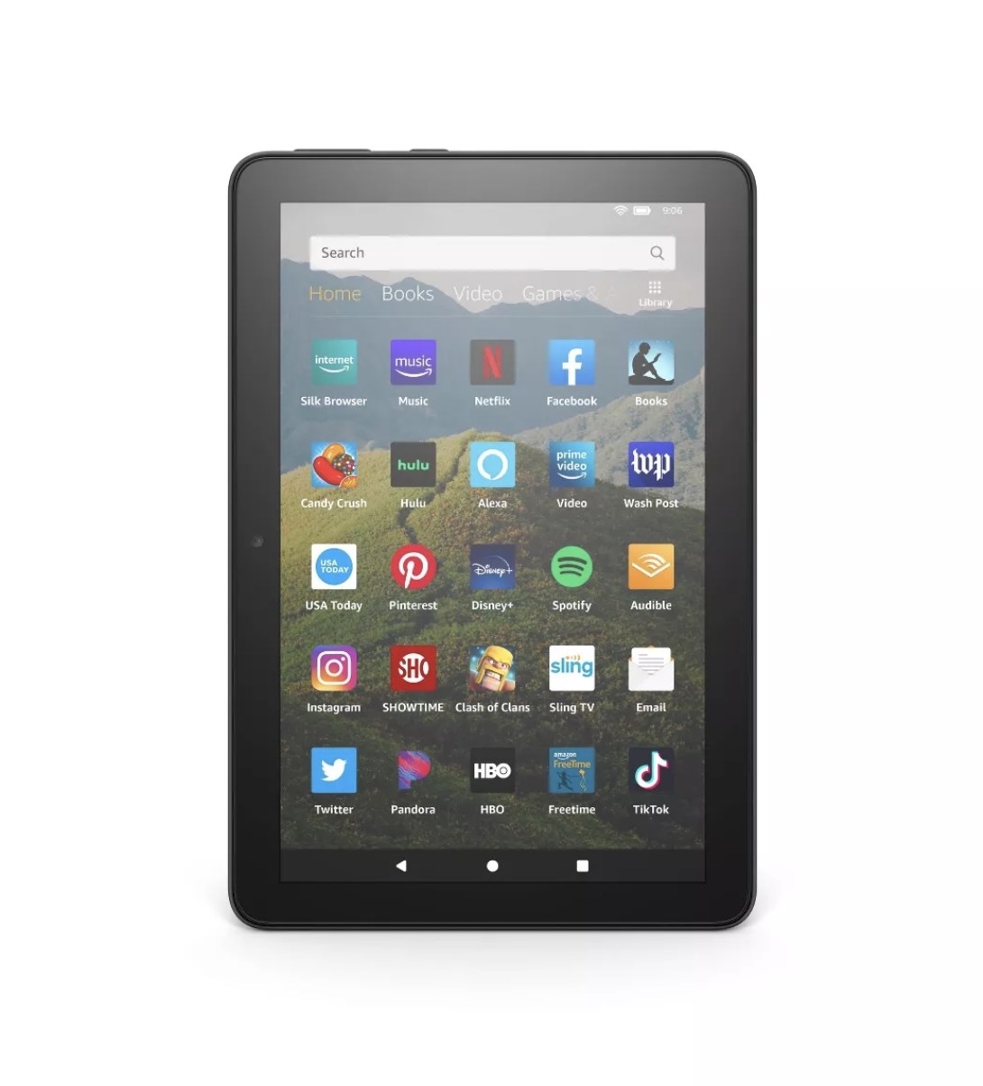 A black amazon fire kindle lit up with various apps showing on the screen