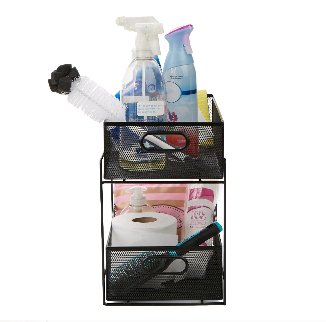 The drawer organizer being used to hold cleaning supplies