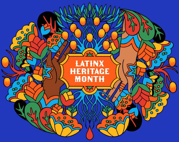 Illustration of two hands emerging from a bed of flowers and leaves to surround the words, "Latinx Heritage Month."