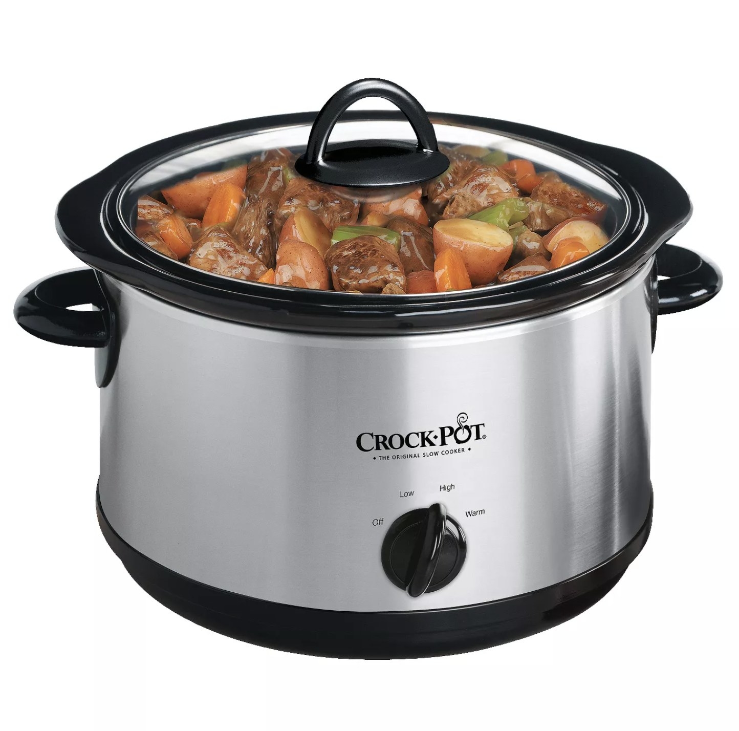 A stainless steel crock-pot with beef stew cooking inside it