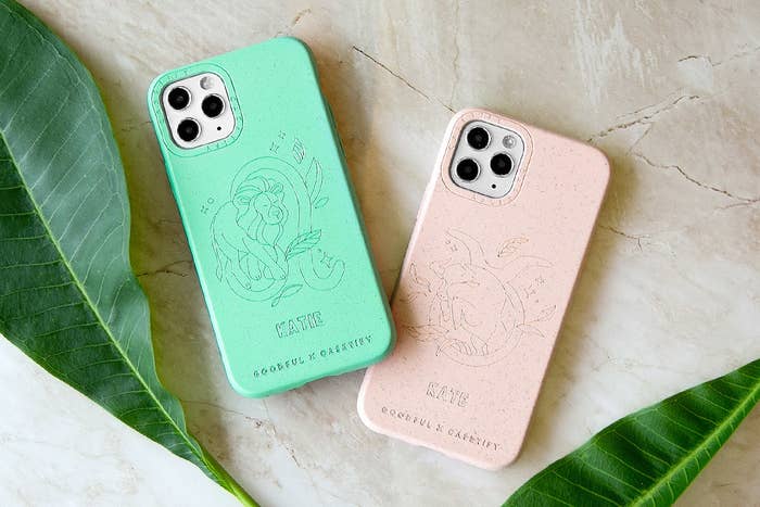 Green and beige phone cases with astrology signs