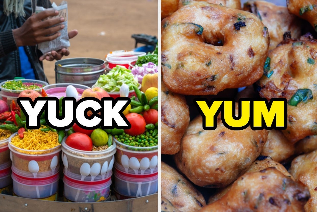 Jhalmuri with the word &quot;Yuck&quot; and Medu Vada with the word &quot;Yum.&quot;