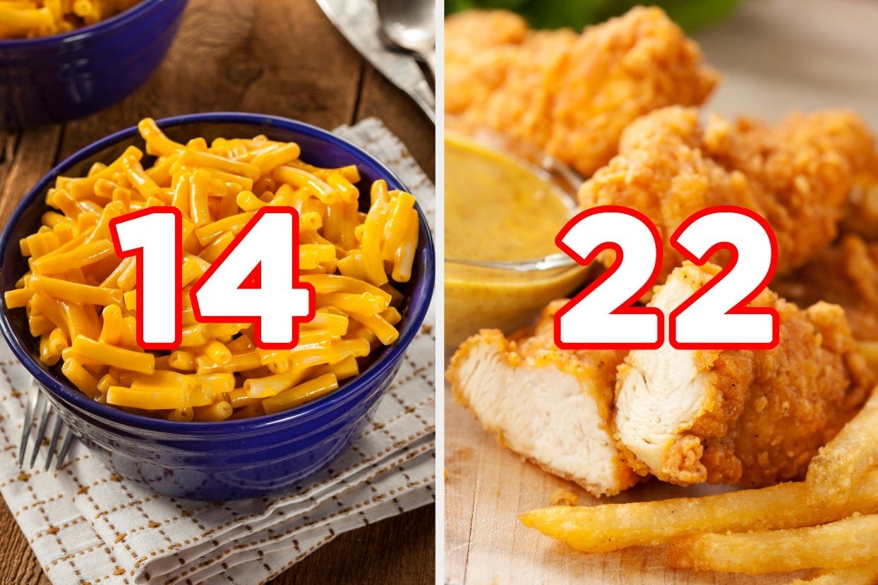Mac n cheese with the number &quot;14&quot; on it and chicken tenders with the number &quot;22&quot;