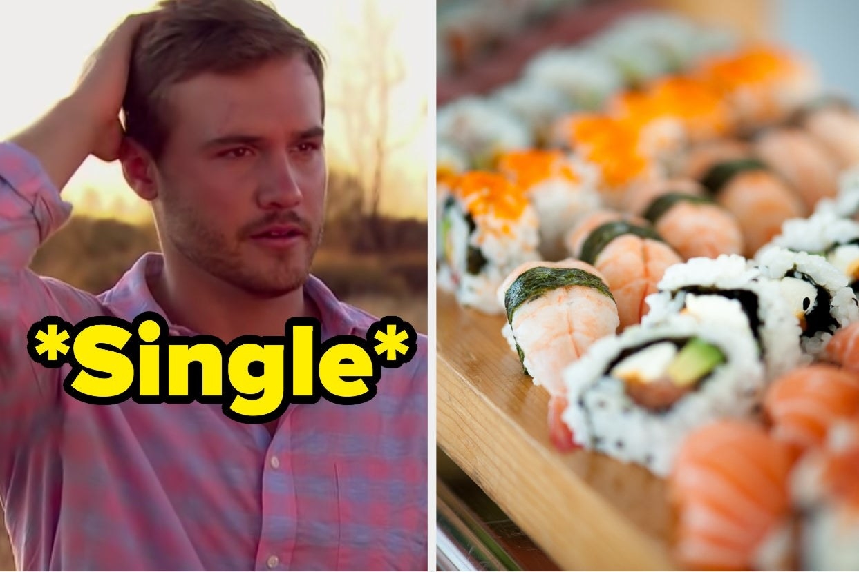 Colton Underwood from &quot;The Bachelor&quot; with the word &quot;Single&quot; and sushi