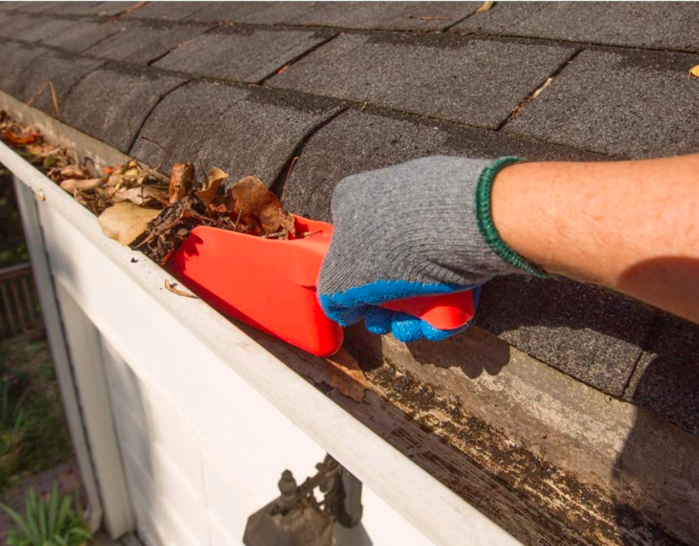 Hand uses red gutter scoop to slide brown leaves off of house gutter on roof