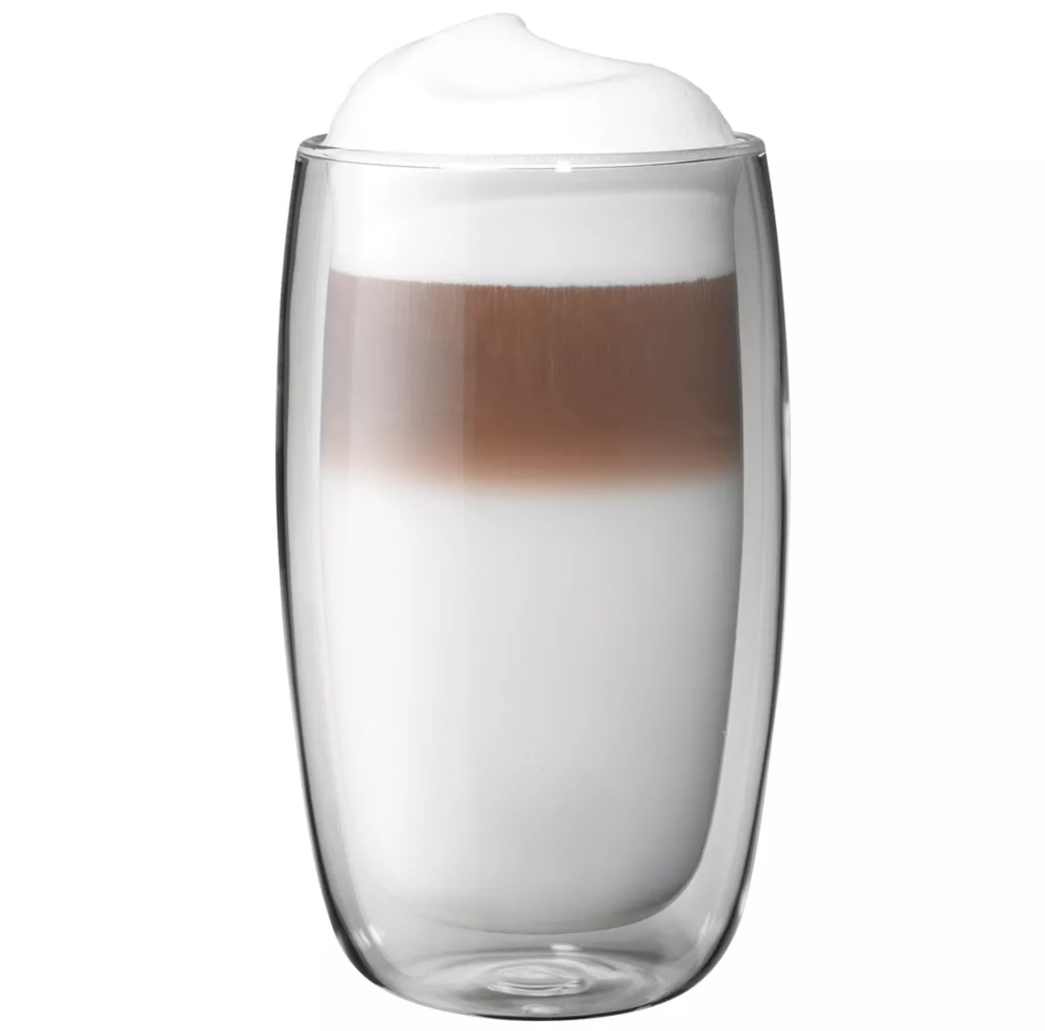 A double-walled glass cup with a latté inside.