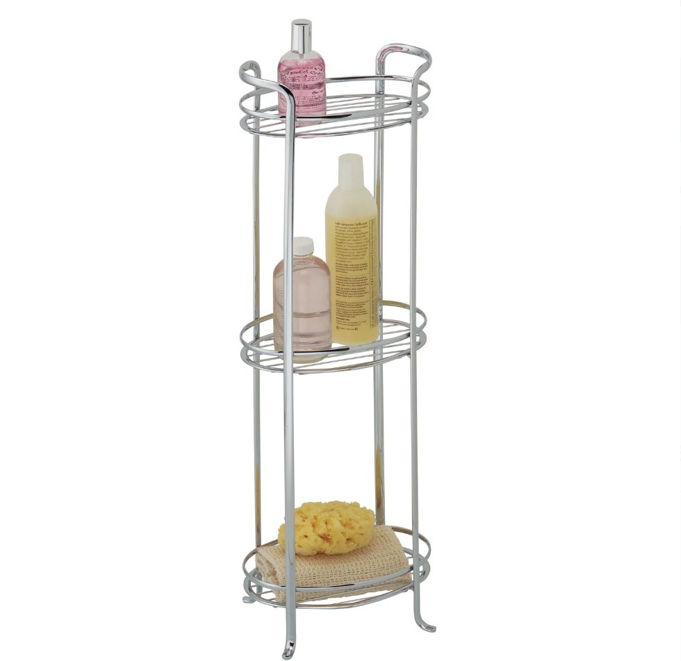 The bathroom storage shelves holding bath products