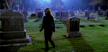 Buffy whirling around at the cemetery on Buffy the Vampire Slayer
