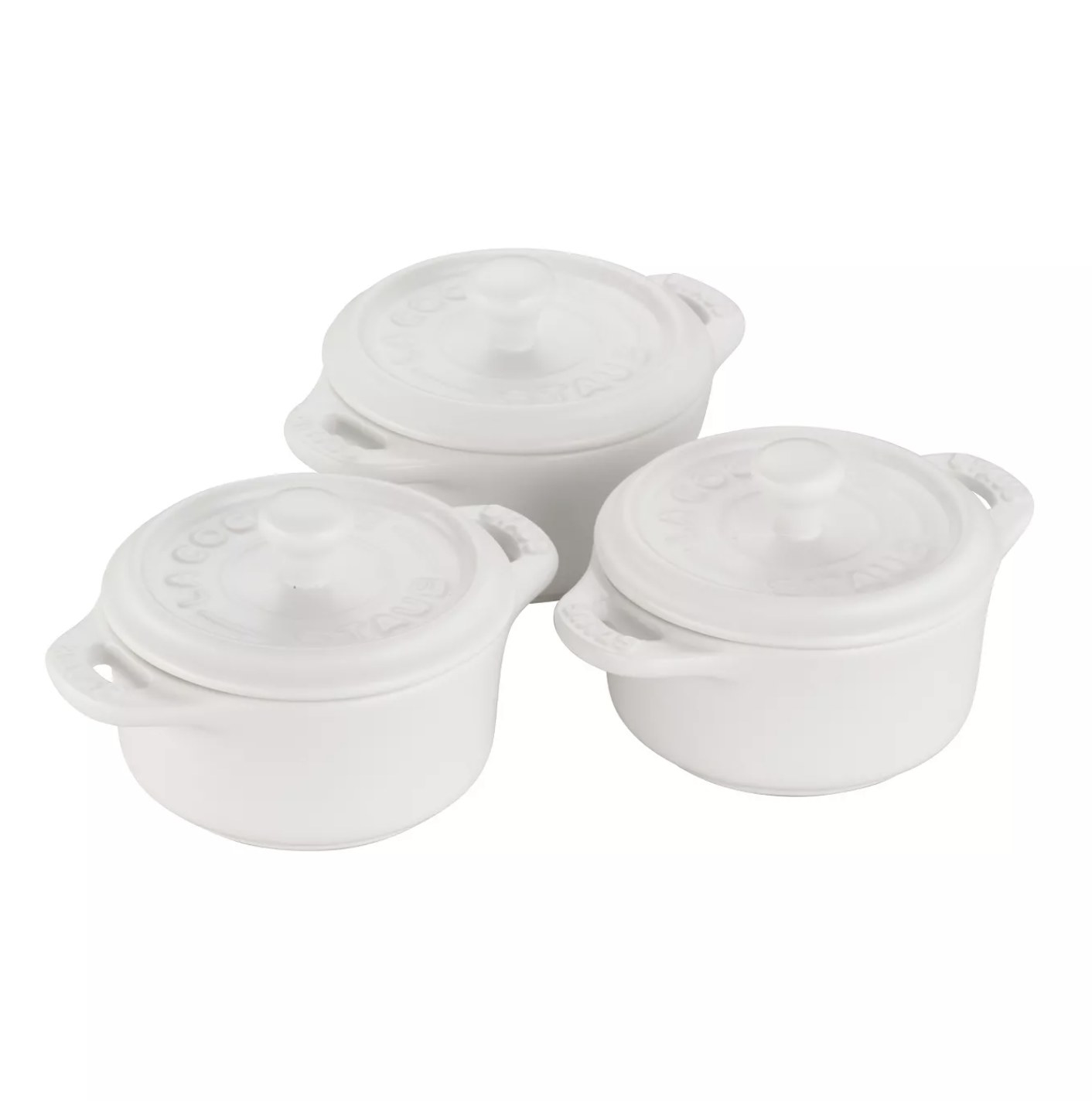 Three white mini round cocotte set