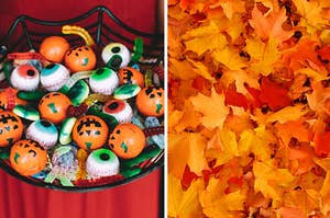 Halloween candy and fall leaves.