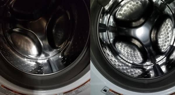 On the left, the insider of a washing machine looking dark and dirty, and on the right, the same washing machine now looking lighter and shinier 