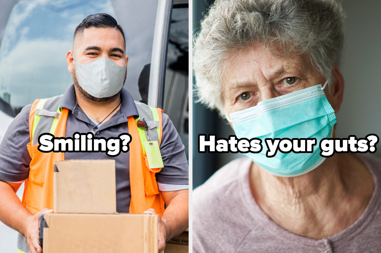 man and older woman both wearing masks alongside each other labeled &quot;smiling?&quot; and &quot;hates your guts?&quot;