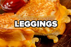 A grilled cheese stuffed with mac 'n' cheese and the word "leggings" on top
