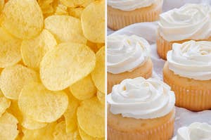Potato chips next to vanilla cupcakes