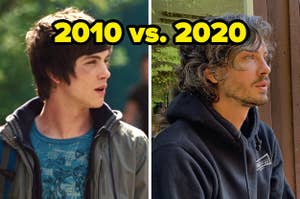 Logan Lerman in the Lightning Thief in 2010 vs. a recent photo of Logan Lerman with salt-and-pepper hair in 2020