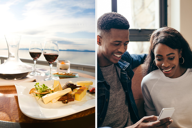 On the left, a dinner table with two wine glasses and a salad near the ocean, and on the right, a couple sitting together on a couch smiling down at a phone