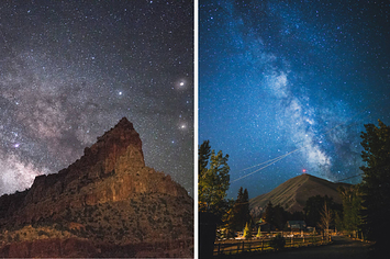 银河系和星夜天空一个锯齿状的岩石和一座山