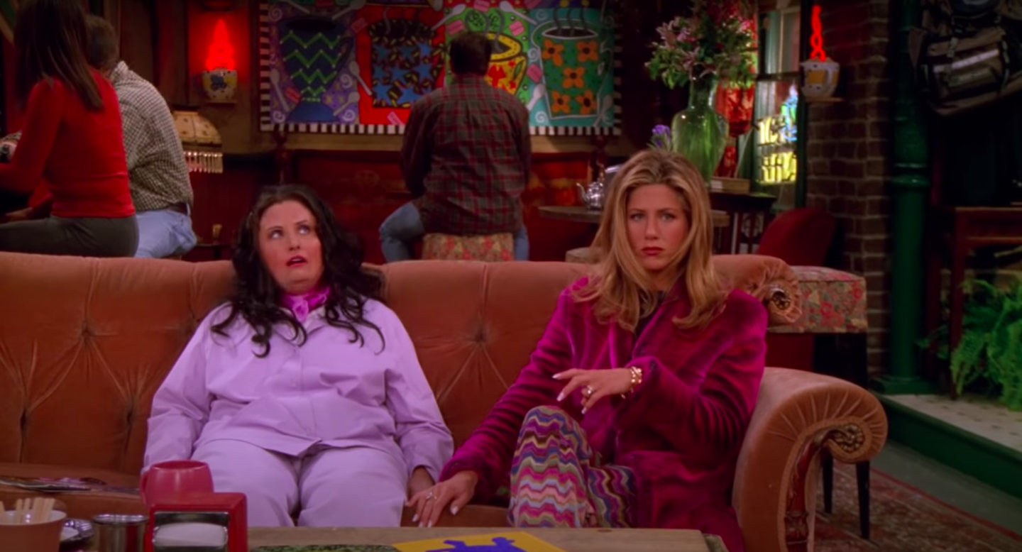 Alternate-universe &quot;Fat Monica&quot; and Rachel, married to Barry, sit on the Central Perk couch