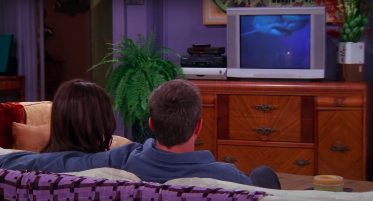 Chandler and Monica sit in front of their TV, watching a shark video