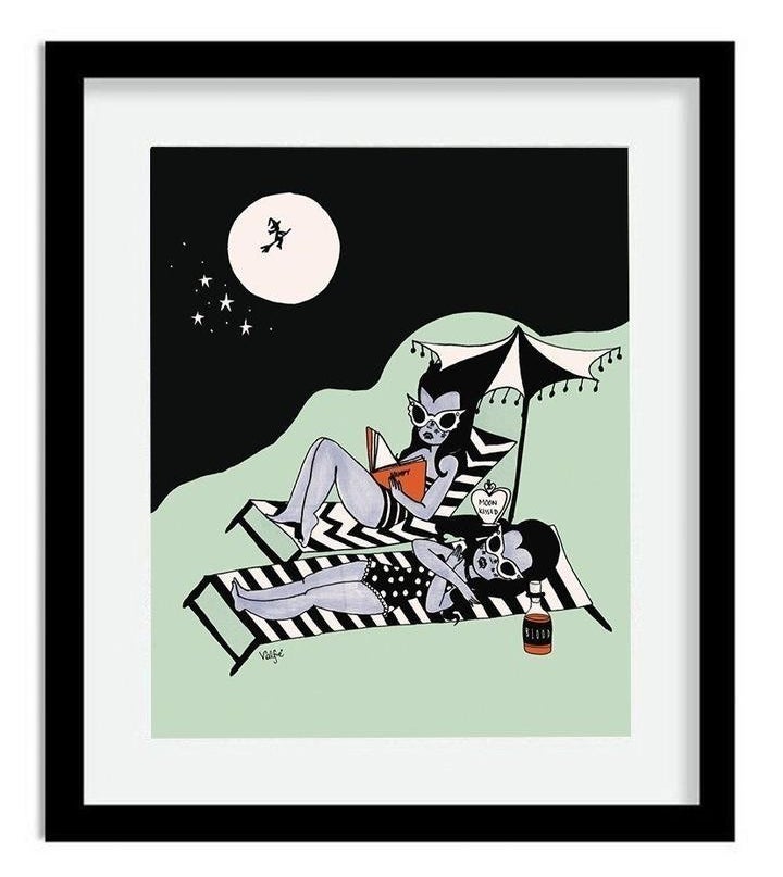 cartoon print of two vampires lounging like they&#x27;re sunbathing at night
