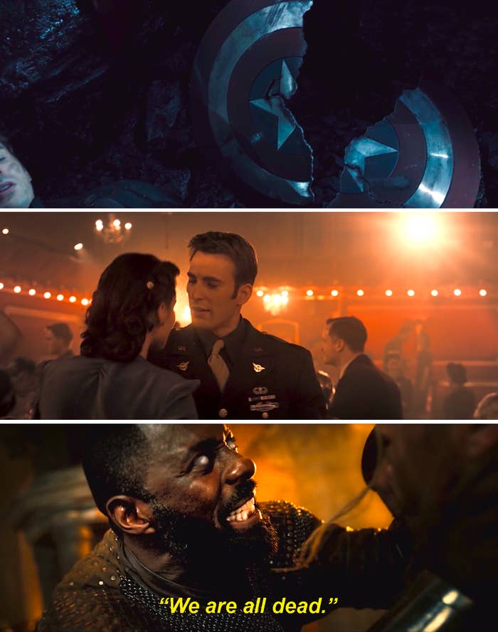 Captain America&#x27;s broken shield, Steve Rogers dancing with Peggy Carter, and Heimdall saying, &quot;We are all dead,&quot; in Avengers: Age of Ultron