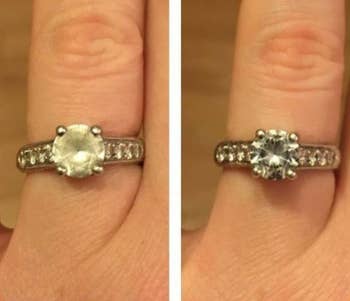 On the left, a reviewer's diamond ring look foggy and dirty, and on the right, the same ring now looking shiny and clean