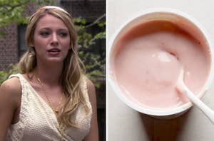 On the left, Blake Lively as Serena on "Gossip Girl," and on the right, a container of strawberry yogurt