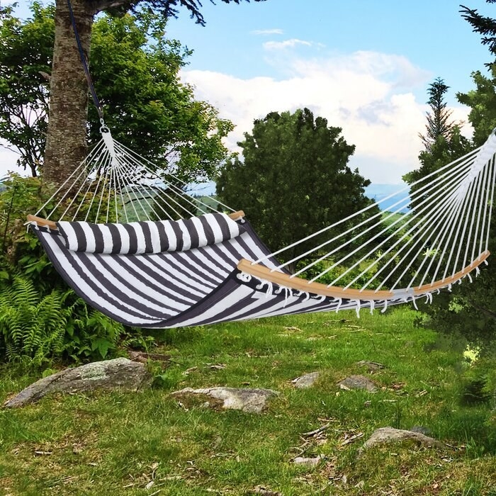 The black and white striped hammock with attached pillow