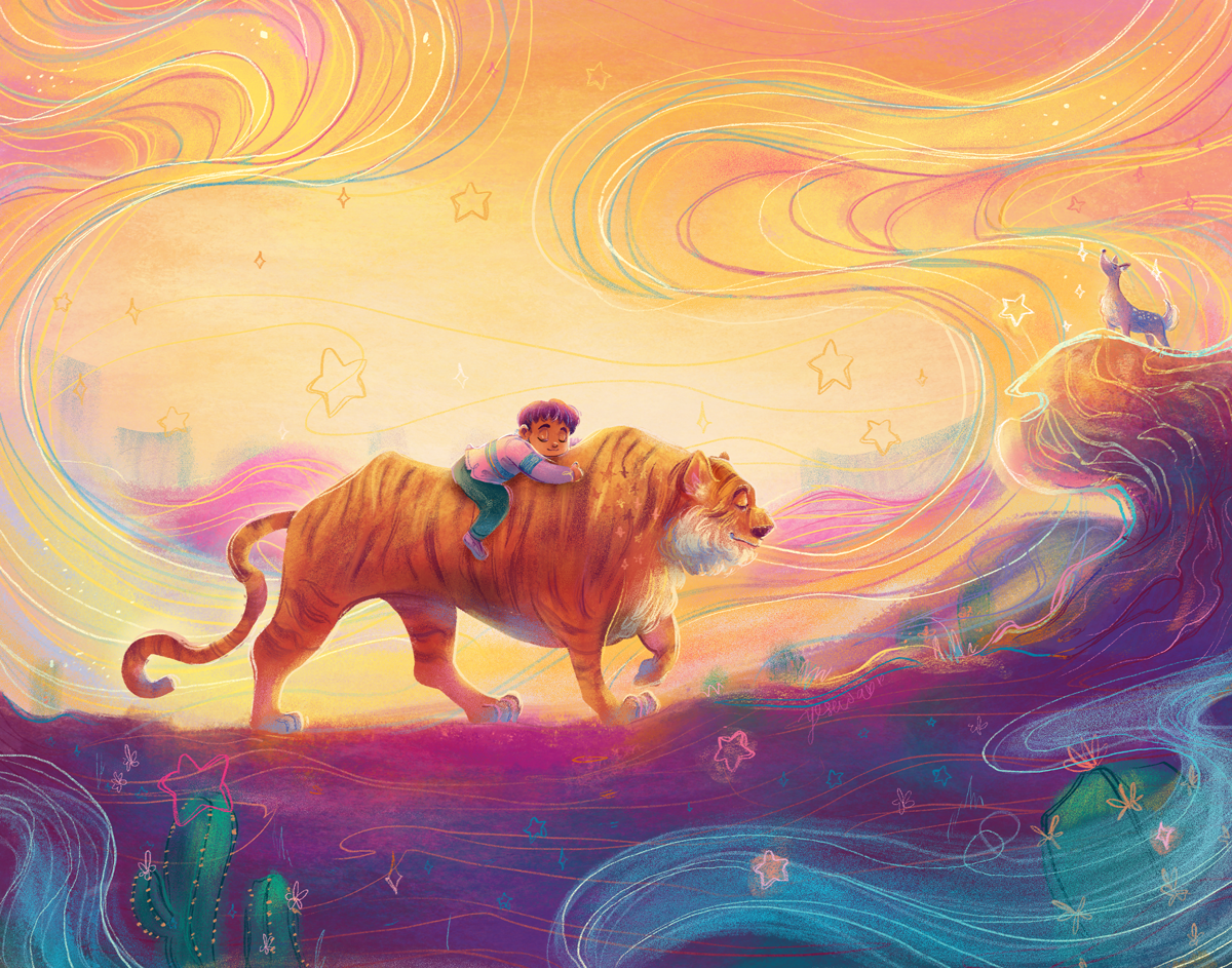 A boy riding a tiger through a colorful desert