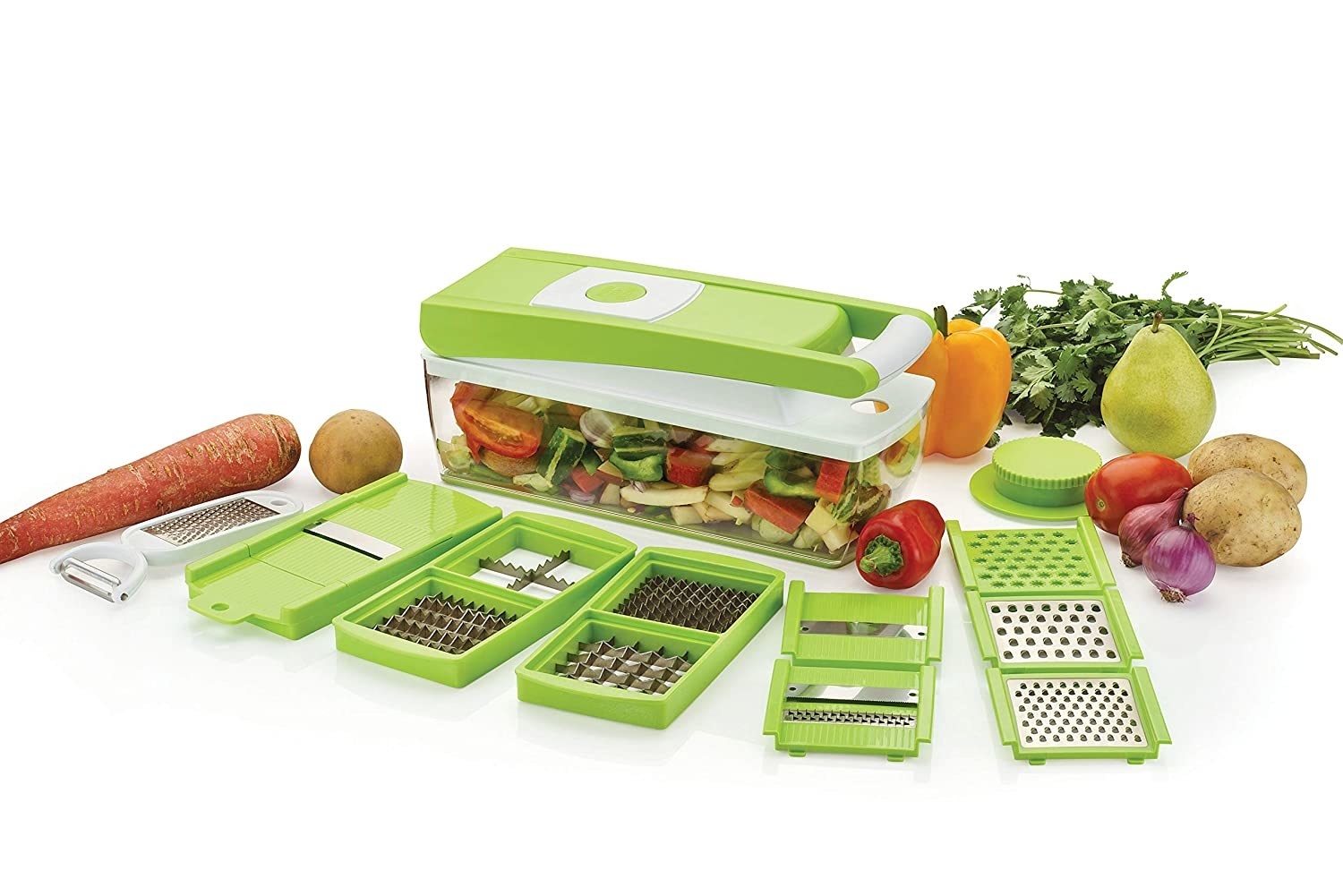 A vegetable chopper with various vegetables